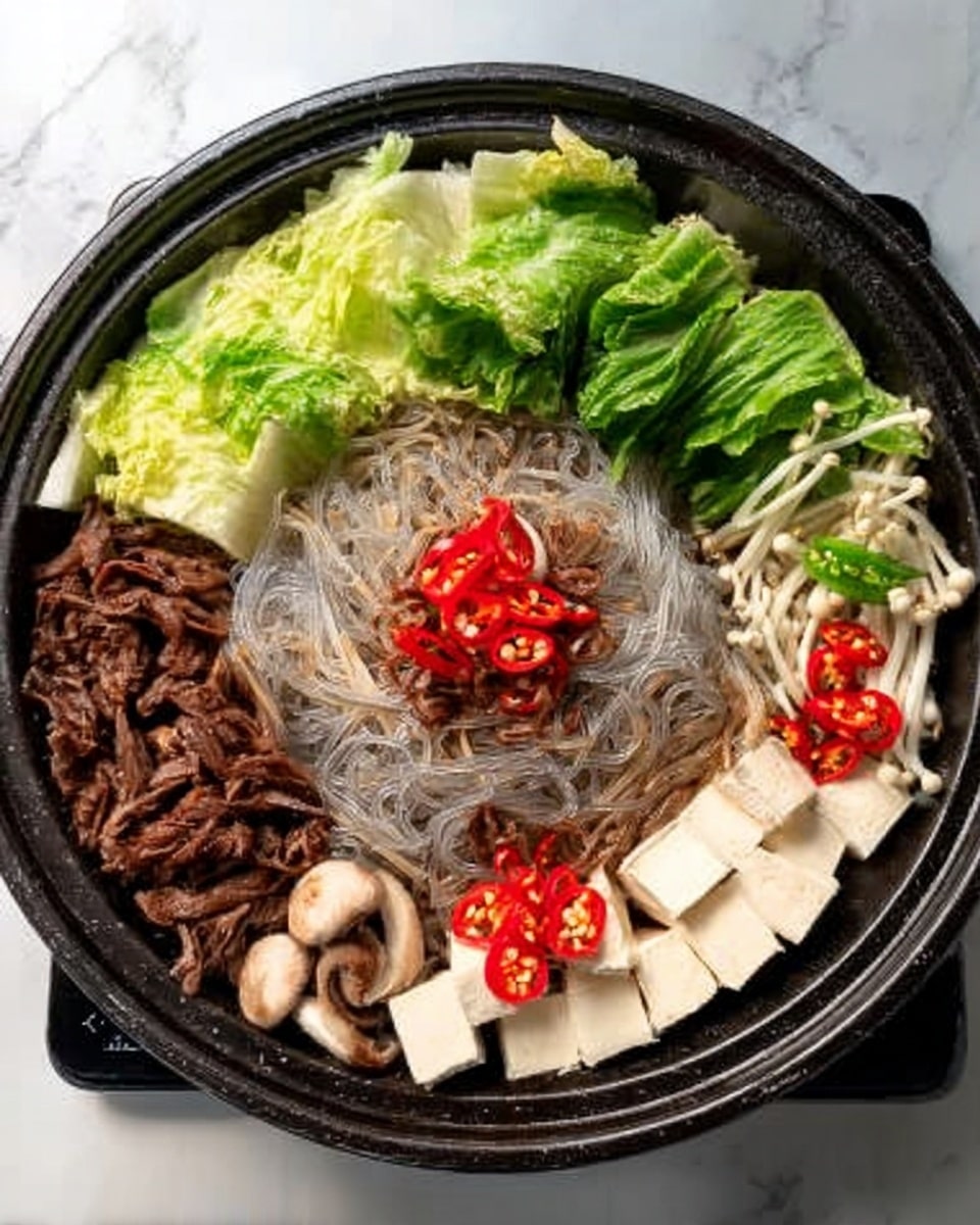 A black pan is filled with several fresh ingredients neatly arranged. At the center, there is a pile of thin translucent noodles with a shiny texture. Surrounding the noodles are cooked dark brown pieces of beef layered at the bottom middle. To the top left, there are fresh green leafy vegetables, and to the top right, white tofu cubes are placed next to small bright red chili slices. At the bottom right, clusters of pale beige mushrooms are arranged, while at the bottom left, green sliced vegetables with small red chili pieces are placed. The whole setup rests on a white marbled surface. photo taken with an iphone --ar 4:5 --v 7