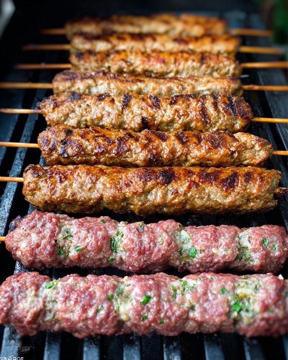 The image shows seven skewers of meat arranged horizontally on a grill. The top four skewers have browned, cooked meat with a textured surface showing grill marks, and the bottom three skewers have uncooked, raw meat that is pinkish with visible green herbs mixed in. The skewers are evenly spaced, with the cooked ones above and the raw ones below. The grill bars are black and glossy under the skewers, and the background is a white marbled texture. photo taken with an iphone --ar 4:5 --v 7