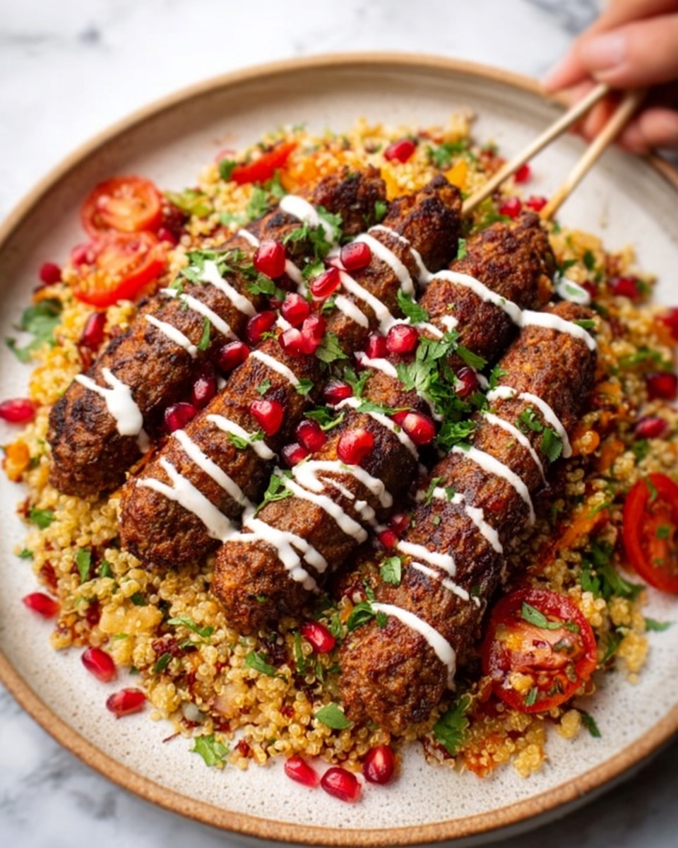 The image shows a white plate filled with a layer of light brown couscous mixed with chopped tomatoes and pomegranate seeds, creating a colorful and textured base. On top of the couscous, there are four grilled meat skewers, dark brown with a slightly crispy surface, evenly spaced and laid horizontally. Thin lines of white sauce are drizzled over the skewers in a neat, zigzag pattern. The background is a white marbled texture with a cut-open pomegranate slightly visible in the upper corner. Photo taken with an iphone --ar 4:5 --v 7
