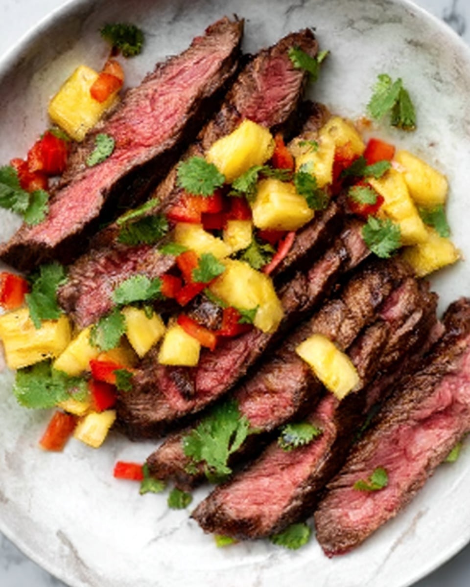Slices of cooked steak with a pink center are placed on a white plate. On top of the steak pieces, there are colorful small cubes of yellow pineapple, red bell pepper, and green herbs scattered evenly. The steak has a slightly charred outside texture and juicy inside. The plate is set on a white marbled surface. A woman's hand is reaching towards the plate from the side. photo taken with an iphone --ar 4:5 --v 7