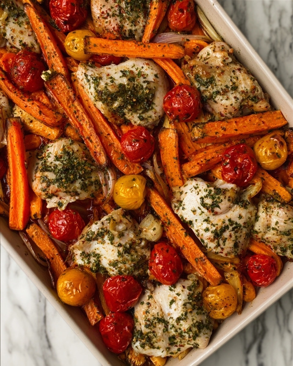 The image shows a white tray filled with roasted chicken pieces and many roasted vegetables. The chicken pieces are white with a mix of green herbs sprinkled on top, spread evenly across the tray. Orange carrot sticks and whole roasted cherry tomatoes, both red and yellow, are layered around and on top of the chicken. The carrots are roasted and slightly browned, and the tomatoes have a slightly wrinkled texture from roasting. The tray is placed on a white marbled surface. Photo taken with an iphone --ar 4:5 --v 7