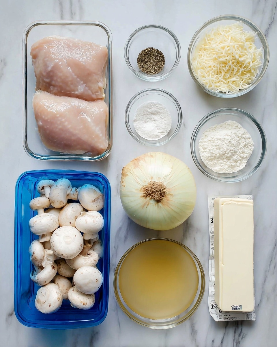 The image shows various raw ingredients arranged neatly on a white marbled surface. On the left side, a clear rectangular container holds two large pale pinkish chicken fillets, below it there is a blue plastic container filled with whole white mushrooms wrapped in clear plastic. To the right of the chicken, there is a small white bowl with grated cheese, above it a small glass bowl with black pepper, and above that another small glass bowl with flour. Below the cheese bowl, a round glass bowl filled with light yellow broth sits next to a large pale yellow onion and a garlic bulb. At the bottom right, a round glass bowl with white cream is placed alongside a rectangular stick of butter wrapped in paper. All items are clearly visible and laid out in an organized manner, photo taken with an iphone --ar 4:5 --v 7