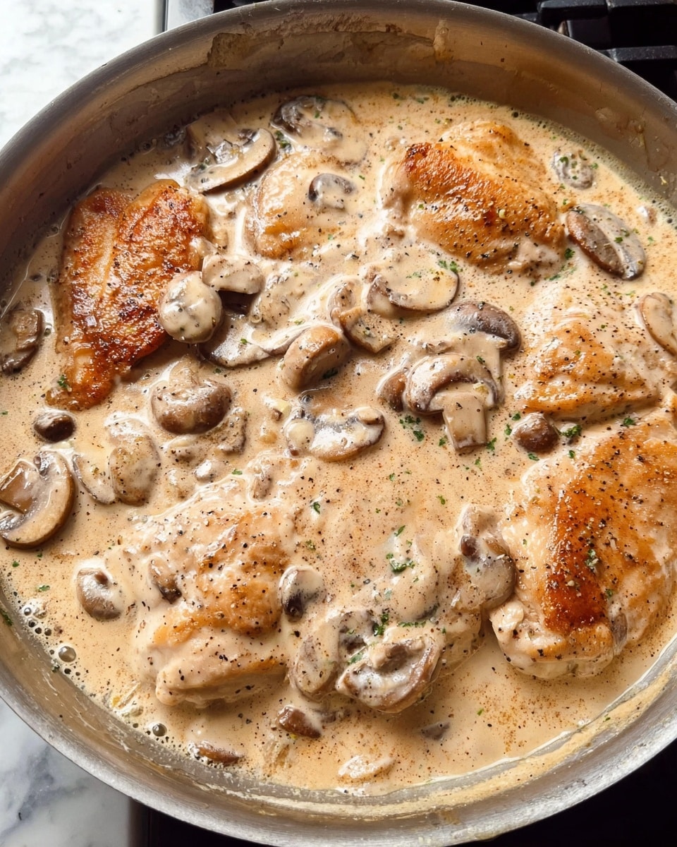 A large silver pan filled with several pieces of browned chicken partially covered by a creamy light beige sauce, mixed with sliced brown mushrooms scattered evenly throughout. The sauce has a smooth, thick texture, gently bubbling around the chicken pieces that show some black pepper seasoning on top. The background is a white marbled surface with a stove grate visible in parts. photo taken with an iphone --ar 4:5 --v 7