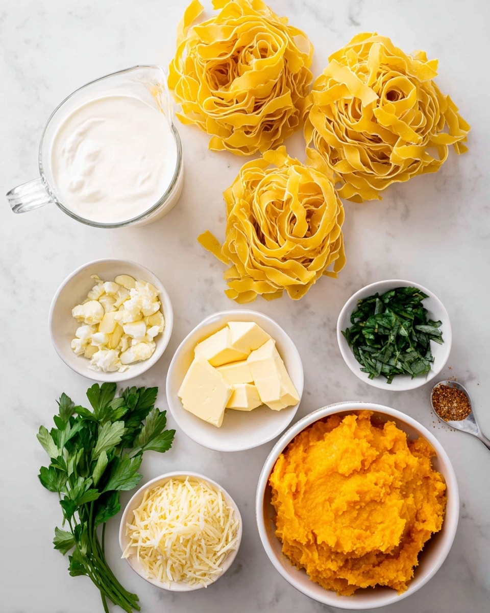 The image shows six groups of cooking ingredients neatly placed on a white marbled surface. At the top, six nests of bright yellow uncooked pasta with a rough texture are arranged in two rows. Below the pasta, there are three small white bowls containing finely chopped garlic with an off-white color, butter in soft yellow clumps, and bright green torn herb leaves. To the left, a glass measuring cup holds white cream. At the bottom right, a white bowl is filled with smooth orange mashed pumpkin. Next to it, another white bowl contains shredded pale yellow cheese. Some fresh green parsley leaves are placed near the cream, adding a pop of color. A small silver spoon with a tiny amount of brown spice rests near the mash bowl. Photo taken with an iphone --ar 4:5 --v 7