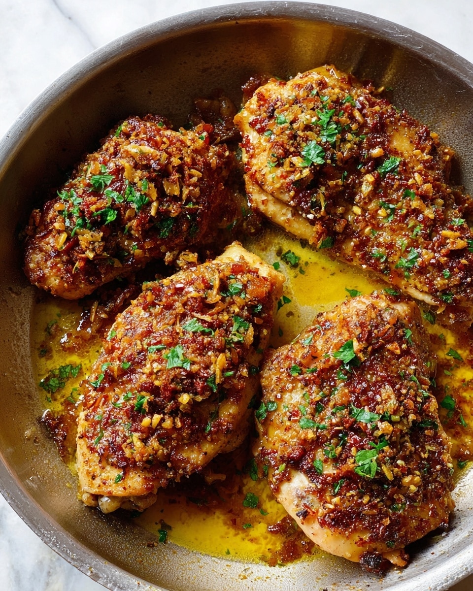 The image shows four cooked chicken pieces in a metal pan sitting on a white marbled surface. Each chicken piece is covered with a textured topping made of small bits of garlic, herbs, and crispy bits, giving them a rich, golden brown and slightly rough look. The topping varies in color from light golden to deep brown. Small green parsley flakes are scattered over the chicken pieces, adding a fresh touch. The pan has some golden brown oil pooling around the chicken, which makes the dish look juicy and flavorful. The photo taken with an iphone --ar 4:5 --v 7