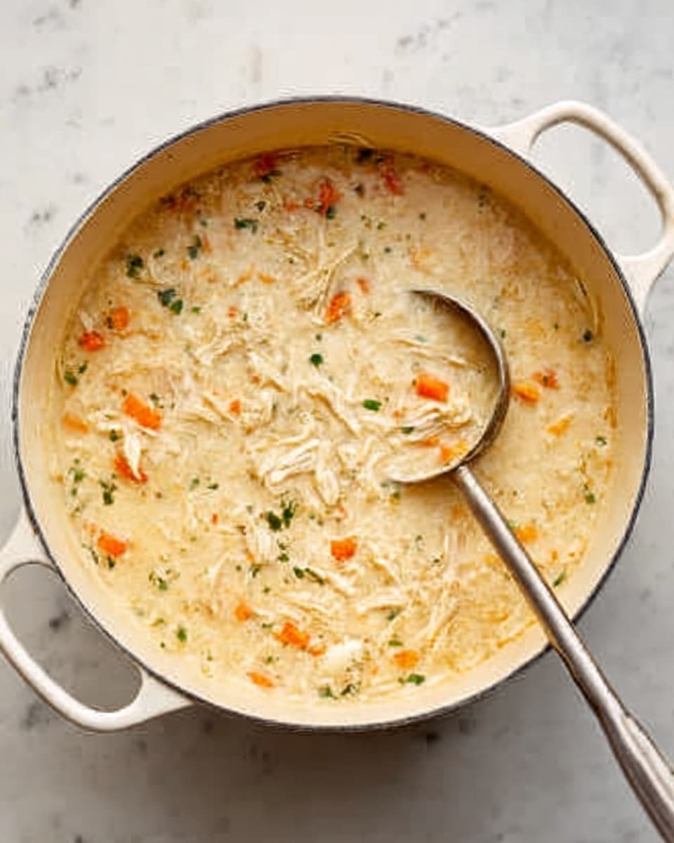A white pot filled with creamy chicken soup is shown from above. The soup has visible shredded white chicken pieces mixed with small orange carrot chunks and green herbs. The broth looks thick and smooth with a light cream color. Inside the pot, a metal ladle rests, partially submerged in the soup. The pot sits on a white marbled surface. photo taken with an iphone --ar 4:5 --v 7
