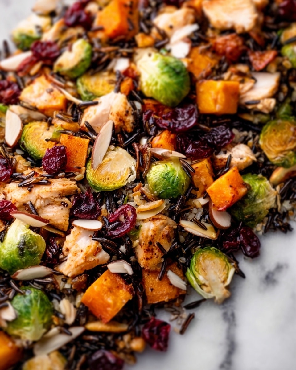 This image shows a close-up of a colorful mixed dish with several layers and textures. The bottom layer is dark wild rice scattered unevenly. On top, there are small pieces of golden brown cooked chicken, bright green halved Brussels sprouts, and orange chunks of cooked sweet potato. Mixed throughout are dried red cranberries and thin white almond slices, adding contrast and texture. The dish is presented on a surface with a white marbled texture. photo taken with an iphone --ar 4:5 --v 7