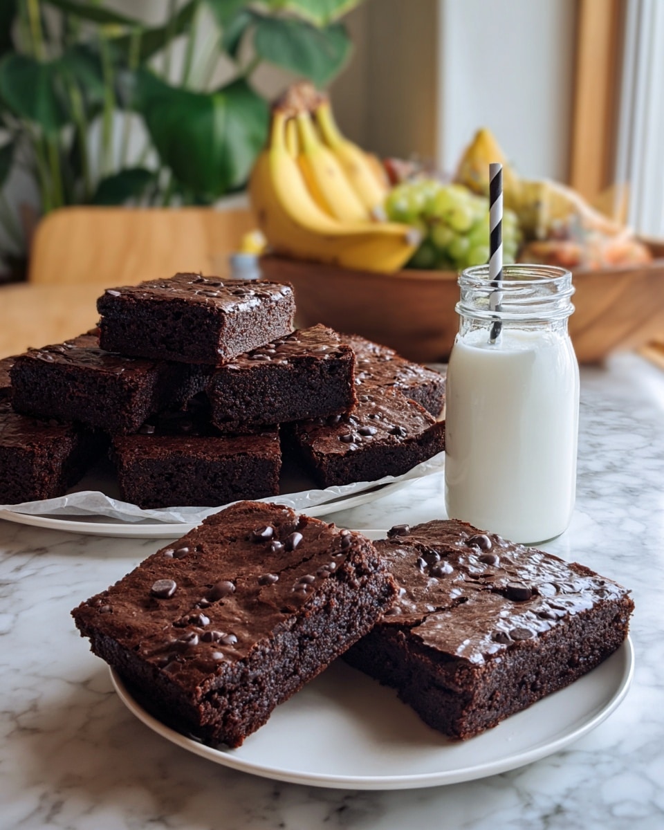 The image shows a large round chocolate brownies cake, divided into square pieces, with one piece slightly raised in front. The brownies have a shiny, crinkly top with embedded chocolate chips, giving a dark brown and textured look. Behind it, a stack of several brownie squares rests on a white plate. To the right, there is a small clear glass bottle filled with white milk and a black and white striped straw inside. The scene is set on a white marbled surface, with a wooden fruit bowl holding bananas and other fruits blurred in the background, alongside green plants. Photo taken with an iphone --ar 4:5 --v 7