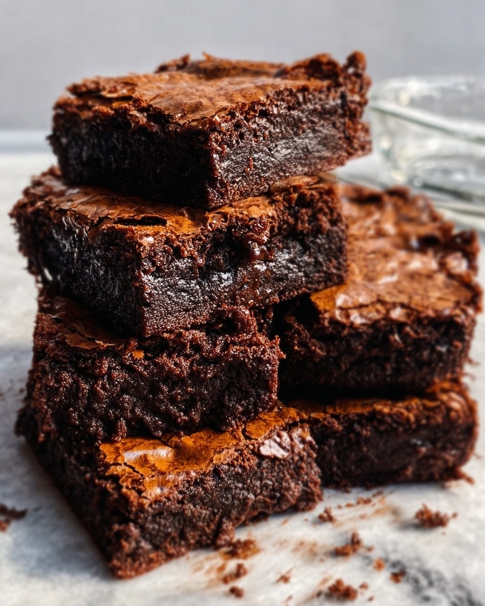 The image shows a stack of rich, dark brown brownies with a cracked, shiny top layer. There are about two layers visible: the top cracked crust which is slightly shiny and textured, and the thick, moist, dense chocolate interior below it. The brownies are cut into square pieces and arranged in two rows, some overlapping each other. The background is a white marbled surface, and on the right side, a transparent glass can be partially seen. The lighting highlights the fudgy texture inside the brownies as well as the contrasting crispy top layer. photo taken with an iphone --ar 4:5 --v 7