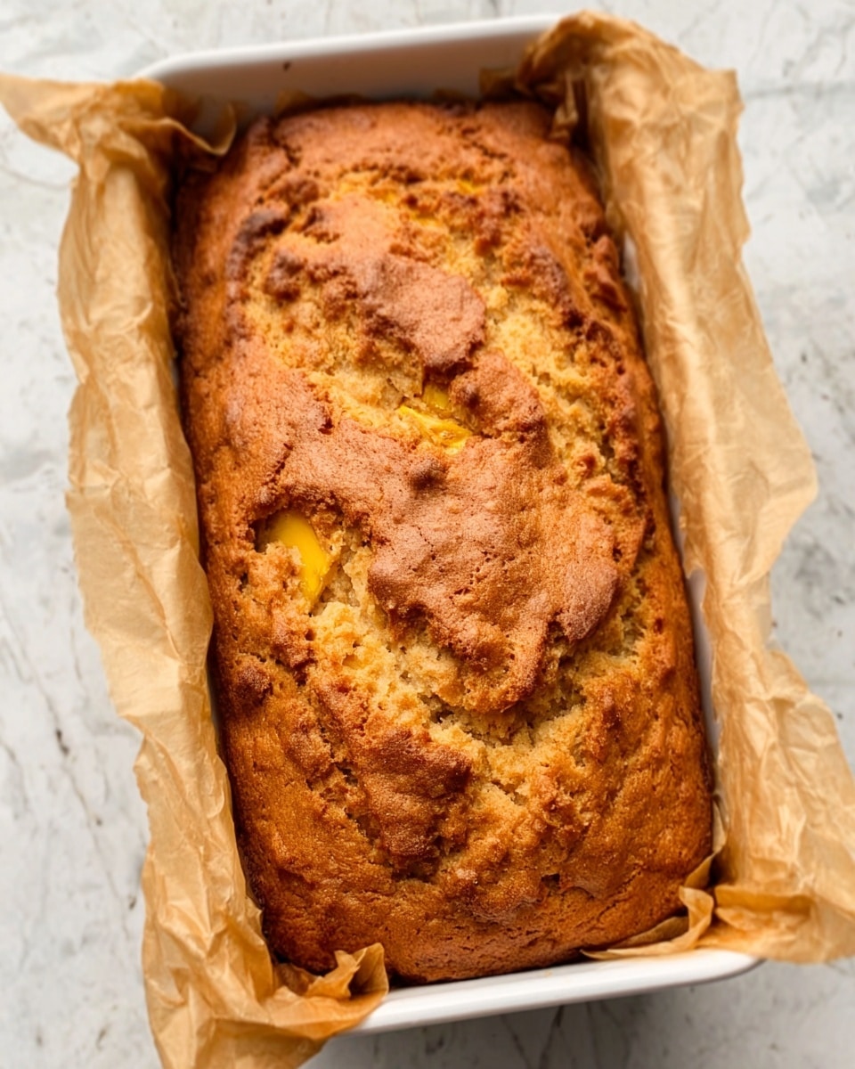 A golden-brown baked loaf presented in a white rectangular baking pan lined with parchment paper. The top layer is textured with cracks and a slightly crispy crust, showing lighter patches where the batter has risen unevenly. The loaf's surface has a warm, inviting color with hints of yellow, suggesting pieces of fruit or other ingredients inside. The pan is placed on a white marbled surface, adding a clean, bright contrast to the warm tones of the baked loaf. photo taken with an iphone --ar 4:5 --v 7