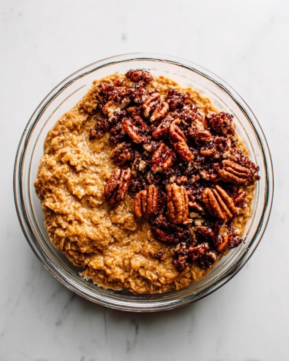 The image shows a clear glass bowl filled with a baked oatmeal dish. The oatmeal has a golden brown color and a slightly rough texture that looks soft and moist. On top, one half of the oatmeal is covered with a thick layer of dark brown toasted pecans, adding a crunchy texture. The dish sits on a white marbled surface. photo taken with an iphone --ar 4:5 --v 7