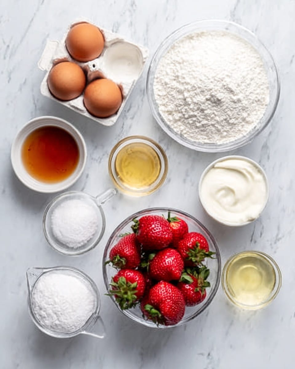 The image shows several ingredients on a white marbled surface arranged neatly. There is an open white egg carton holding two brown eggs in the top left corner. Next to it, a small white bowl contains some white powder. Below that, a small glass bowl has a light brown liquid, likely vanilla extract. To the right, two small white bowls hold white granulated sugar and salt. A large glass bowl filled with white flour is near the center-right side. In the center, a clear glass bowl is filled with fresh red strawberries with green leaves on top. Below the strawberries, a white measuring cup is filled with white granulated sugar, and next to it is a small clear bowl with a cream-colored thick liquid, likely sour cream. On the far right, a small glass dish contains a light yellow liquid, likely oil. All items are placed on the white marbled surface forming a neat pattern with balanced spacing between them. photo taken with an iphone --ar 4:5 --v 7