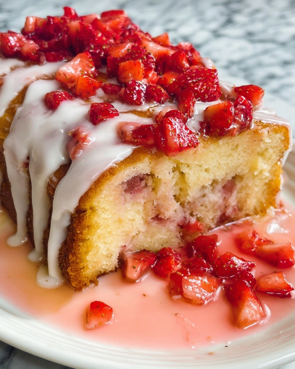 The image shows a close-up of a thick, three-layered cake with a golden brown top layer that looks soft and moist. The top of the cake is covered with a glossy drizzle of white icing sauce that flows down the sides, and it is scattered with small, bright red chopped strawberries in syrup, giving a shiny, juicy look. The middle layer inside the cake has bits of strawberries mixed into the light yellow cake, making it look soft and textured. The cake sits on a white plate with a puddle of pink strawberry syrup around it, all placed on a white marbled surface. photo taken with an iphone --ar 4:5 --v 7