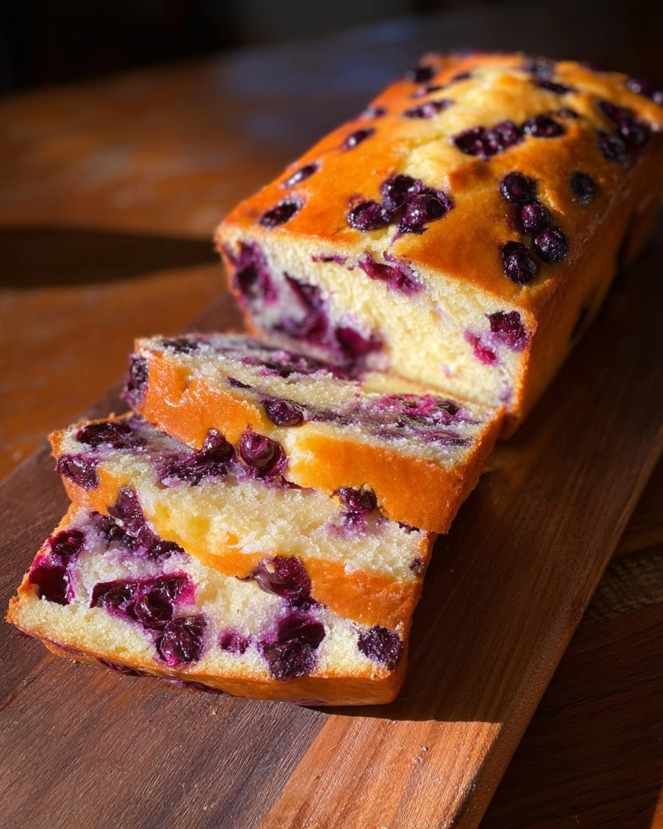 A golden-brown loaf cake with a shiny, slightly cracked top filled with many dark purple berries is placed on a wooden board. The loaf is sliced two times, showing a yellow inside with evenly spread dark purple berries throughout. The texture looks soft and moist, with the slices resting neatly beside the main part of the loaf. The lighting highlights the cake's glossy surface and rich berry colors. photo taken with an iphone --ar 4:5 --v 7
