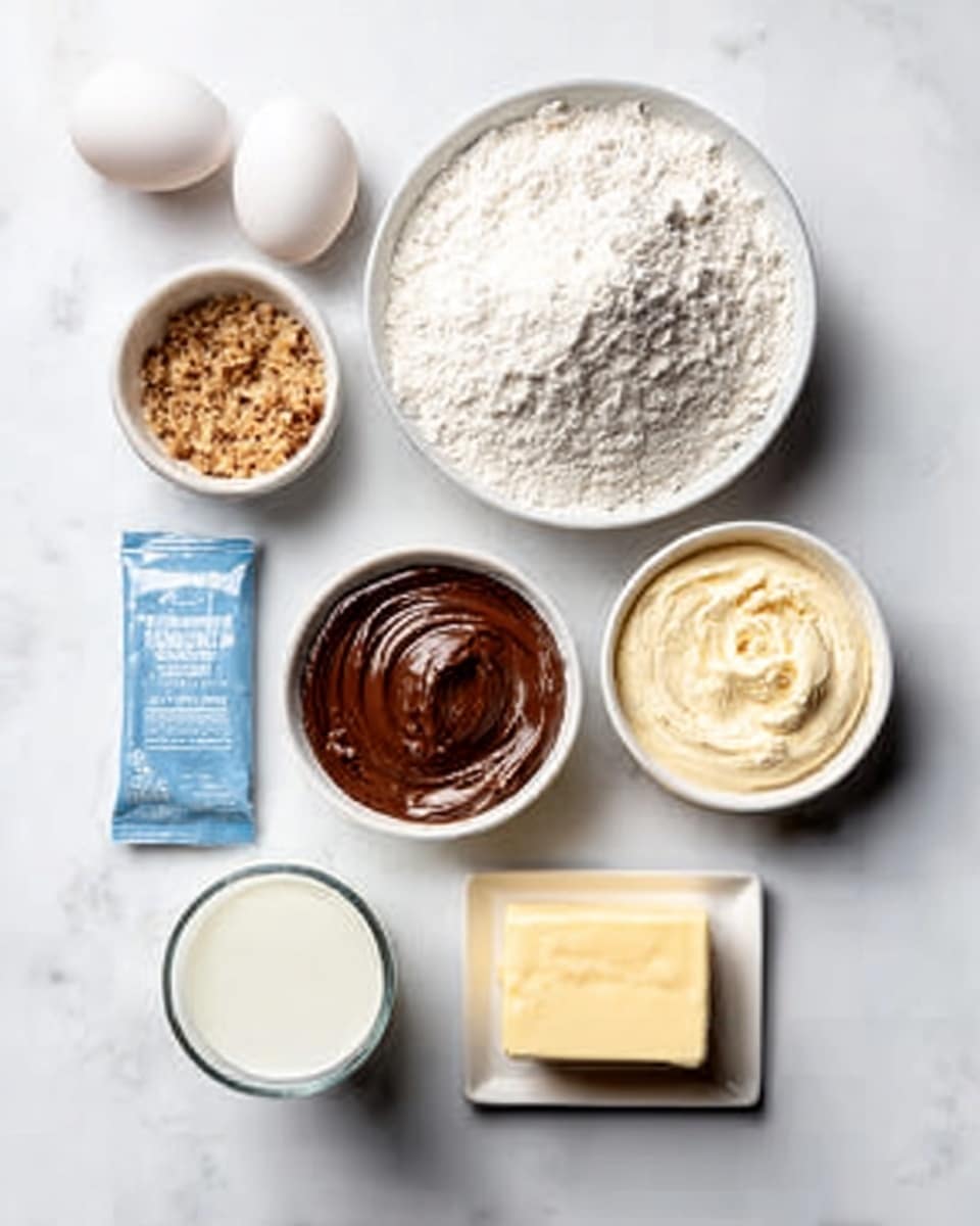 The image shows seven bowls and items on a white marbled surface arranged neatly. In the top center, there is a round white bowl full of white flour with a soft texture. To the left of it, there is a small white bowl with light brown crumbs or nuts. Below the flour bowl, slightly to the left, a round white bowl contains smooth and shiny dark brown chocolate spread. Next to the chocolate spread, on the right, there is another round white bowl with a pale creamy mixture. Below these bowls, there is a tall glass filled with white milk and next to it a small white square plate holds a rectangular chunk of yellow butter. To the left of the milk, there is a sealed blue packet of baking powder, and above this packet, there are two white eggs placed directly on the surface. Photo taken with an iphone --ar 4:5 --v 7