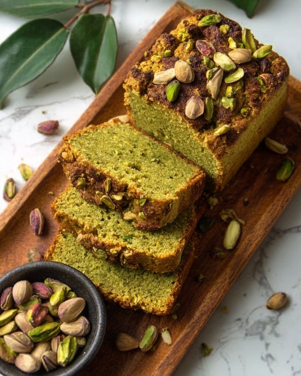 The image shows three slices of green pistachio bread stacked slightly overlapping on a wooden board with some pistachio nuts both on top and around the bread. The bread has a textured crust with brown and green colors, topped with whole pistachios and sliced pieces in a scattered way. There is a small dark bowl filled with pistachios placed near the bottom edge of the board. The background is a white marbled surface with some green leaves faintly visible in the top left corner. photo taken with an iphone --ar 4:5 --v 7