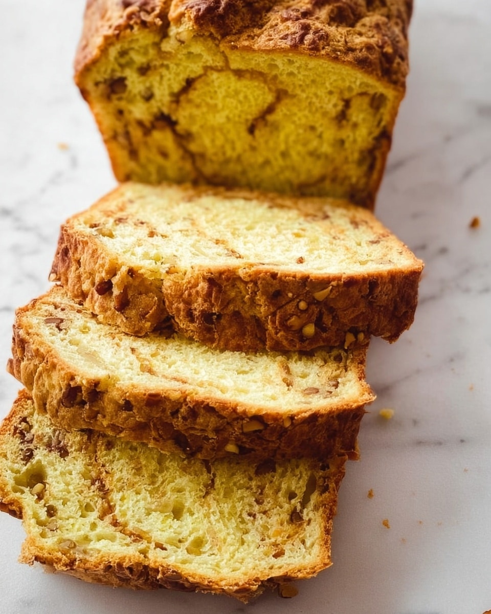 A close view of a loaf of bread with a golden-brown crust that has a rough, textured surface with small nut pieces visible. The loaf is sliced into four thick pieces, each showing a soft, yellowish interior with small holes and darker brown swirls and nut bits spread evenly throughout. The slices are stacked partly on top of each other on a white marbled surface. photo taken with an iphone --ar 4:5 --v 7