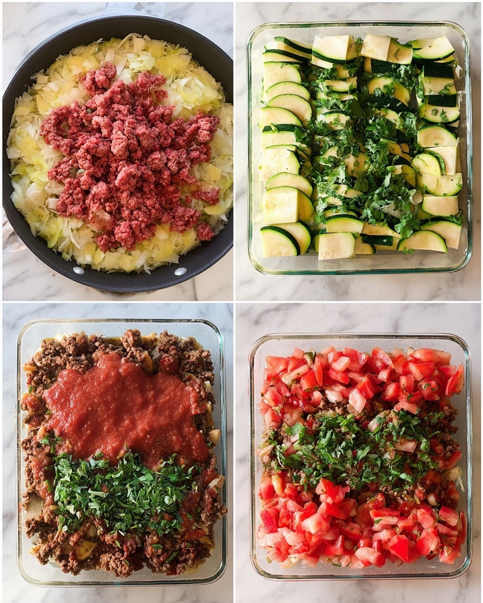 The first image shows a black pan with a layer of cooked light yellow onions spread evenly on the bottom, topped with raw red ground meat clumped in the center. The second image displays a clear square glass baking dish filled with a base layer of thick green zucchini slices arranged evenly, covered by a layer of cooked brown ground meat on one side. In the third image, the same baking dish shows the green zucchini and cooked brown ground meat layers, now topped with fresh leafy green chopped herbs centered and a spread of smooth red tomato sauce covering one corner. The fourth image shows the same dish with all previous layers mixed together, topped with scattered fresh red diced tomatoes, creating a colorful mix of red, green, and brown. The background is a white marbled texture photo taken with an iphone --ar 4:5 --v 7