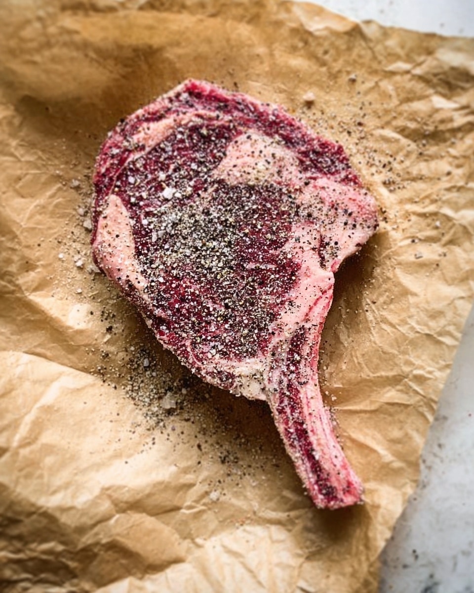 A raw ribeye steak with a thick bone attached is placed on a sheet of parchment paper. The steak is covered with a mix of coarse black pepper and salt, giving it a speckled look with light and dark spots. The meat shows marbled fat patterns in light pink, red, and off-white tones. The parchment paper has soft wrinkles and a natural beige color. The background is a white marbled texture. Photo taken with an iphone --ar 4:5 --v 7