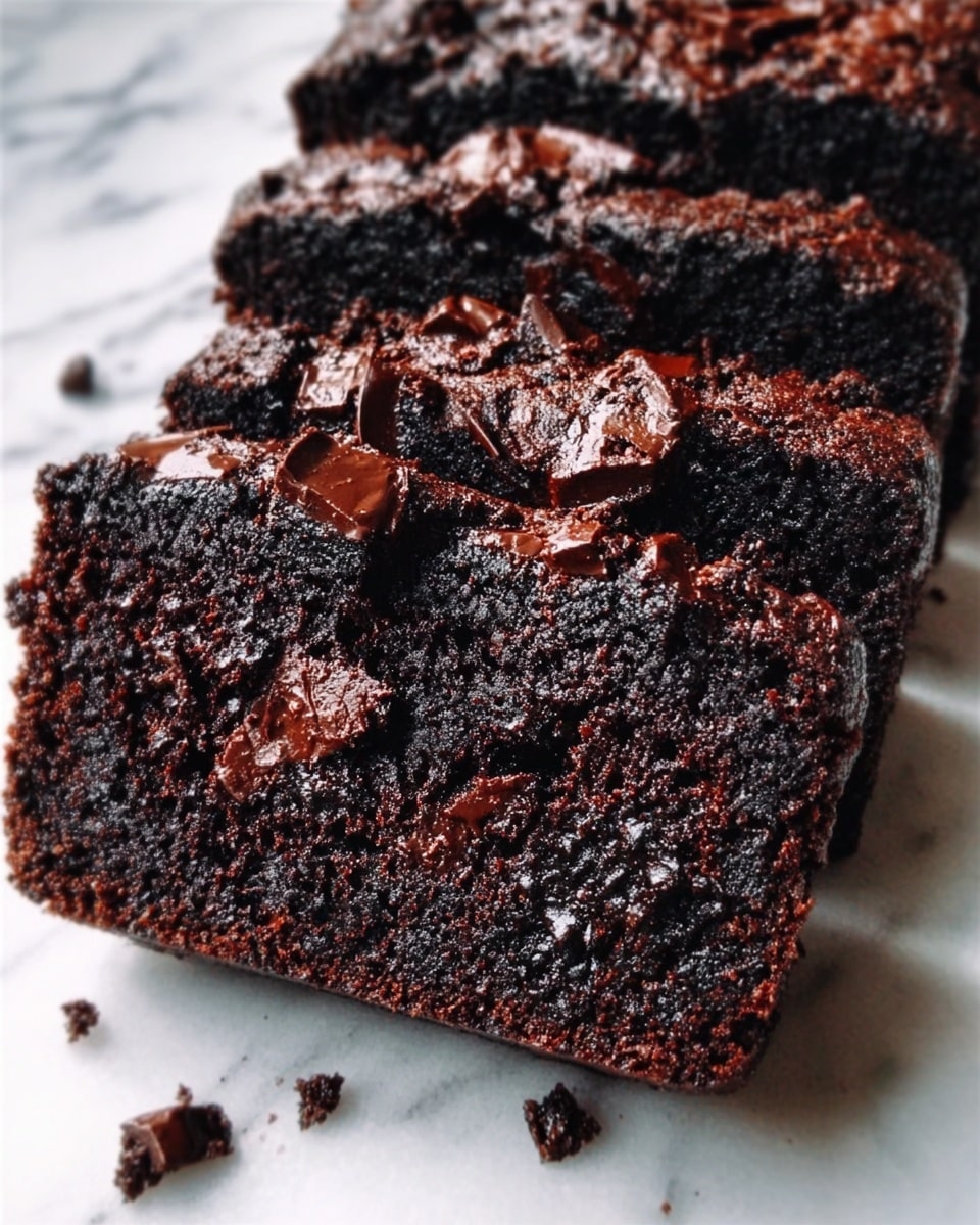 The image shows thick slices of dark chocolate cake with a rich, moist texture. Each slice has a rough top layer covered with shiny, melted chocolate chunks and small chocolate bits inside the deep brown interior. The cake looks dense and full of chocolate pieces, resting on a white marbled surface. Photo taken with an iphone --ar 4:5 --v 7