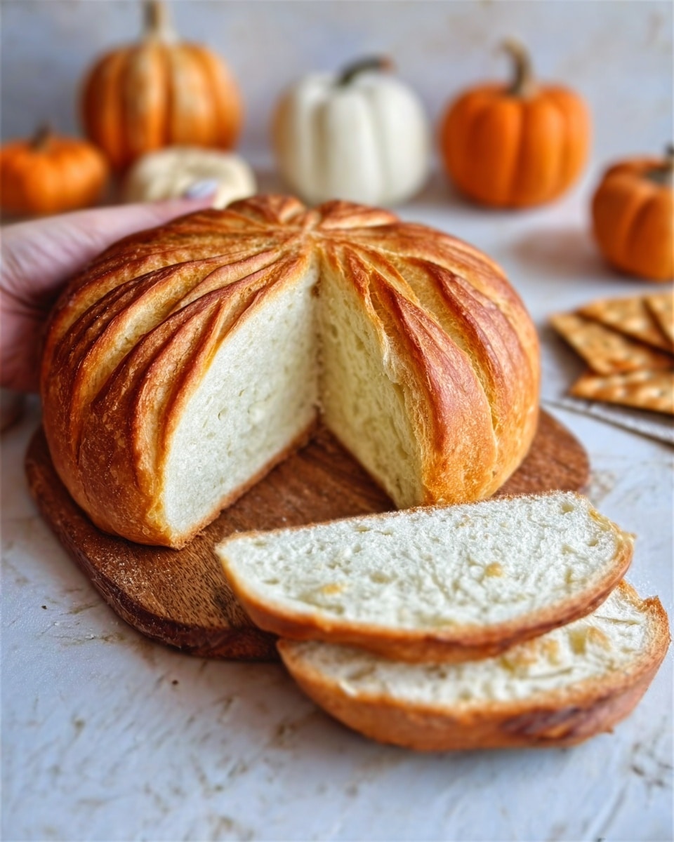 The image shows a round loaf of bread with a golden-brown crust, scored with a pattern that looks like petals on top. The bread is placed on a wooden board with one thick slice cut from it, showing a soft, light cream inside with a slightly open crumb texture. The background is a white marbled surface with some small pumpkins around, and pieces of bread or crackers blurred in the distance. A woman's hand is gently holding the bread from the left side. Photo taken with an iphone --ar 4:5 --v 7