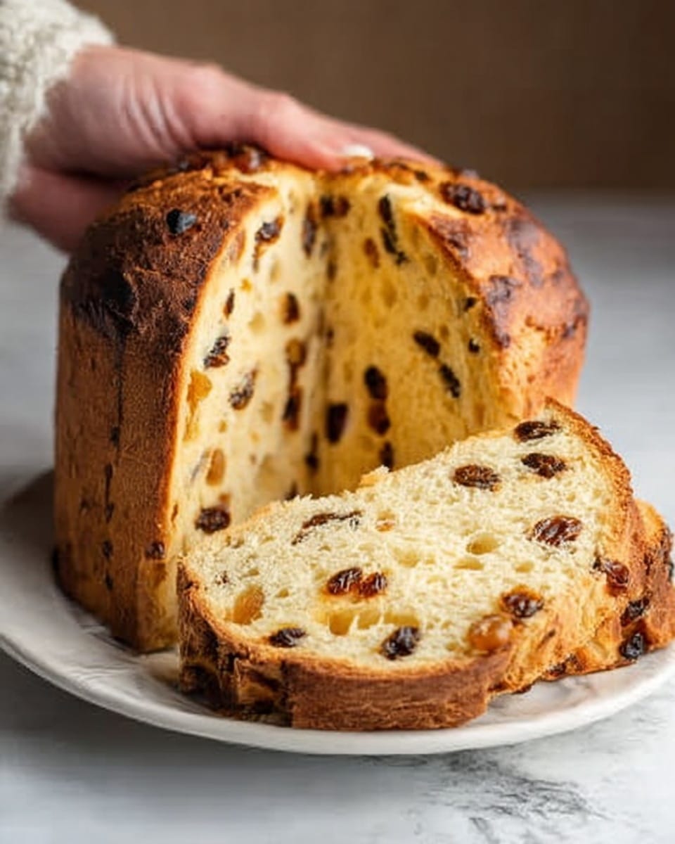 The image shows a tall, round fruit bread with a golden brown crust, all placed on a white plate on a white marbled surface. The bread is sliced to show its inside, which is pale yellow and filled with many dark raisins and small pieces of dried fruit spread evenly. The texture of the bread looks soft and fluffy, with a slightly shiny crust that is smooth with a light crack pattern. A woman's hand is holding the top and side of the bread. Photo taken with an iphone --ar 4:5 --v 7