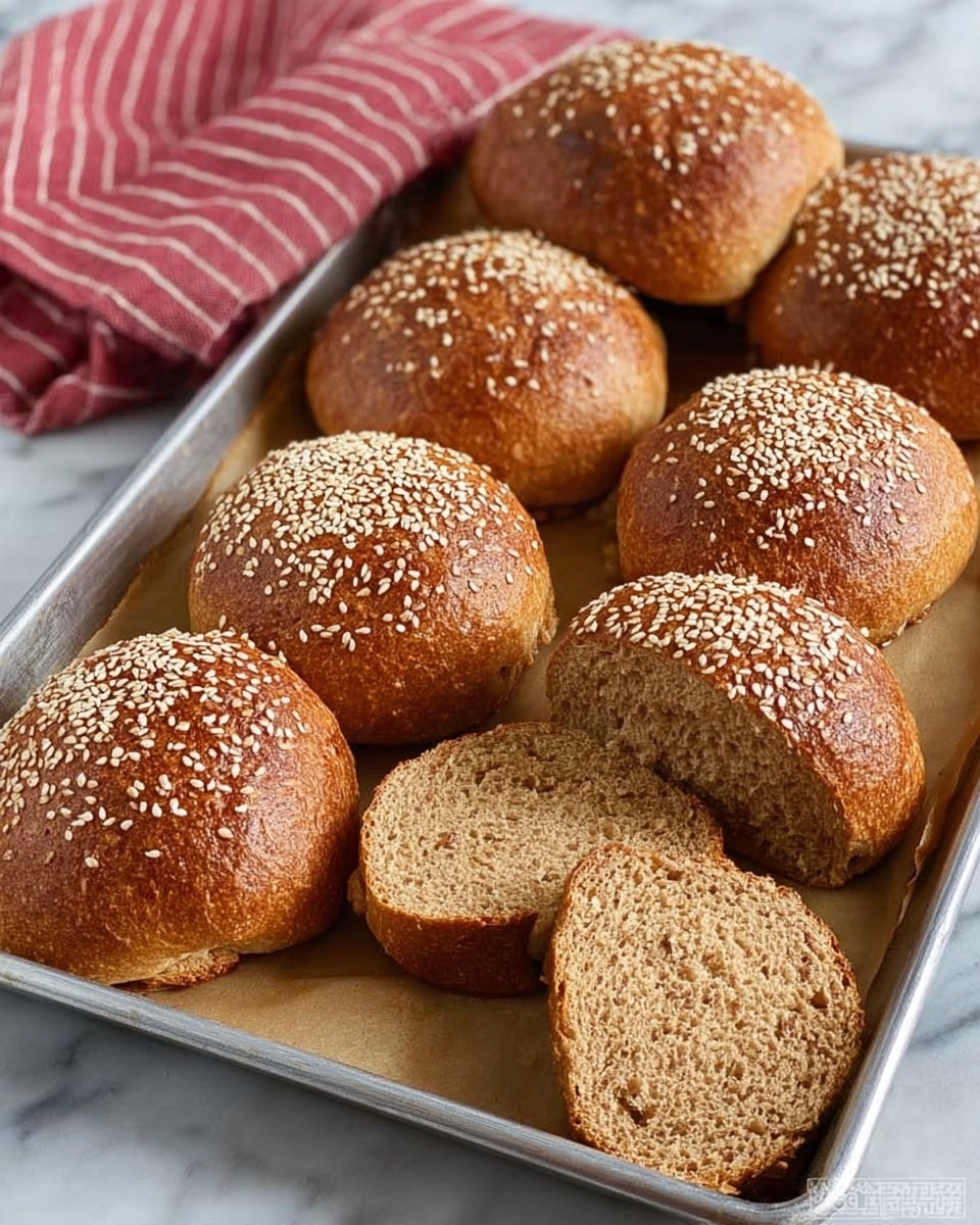 The image shows a metal baking tray filled with round brown bread rolls, some topped with white sesame seeds. There are about ten rolls on the tray, with a few of them sliced in half to show the soft, dense, and slightly porous inside with a light brown color. The tops of the rolls are rough and textured, with a firm crust. The tray sits on a white marbled surface, and a red and white striped cloth is visible in the background. Photo taken with an iphone --ar 4:5 --v 7
