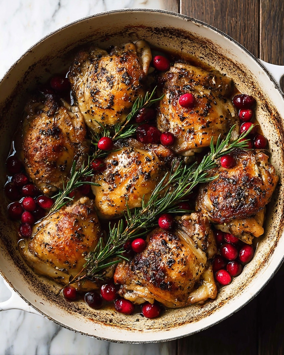 The dish shows three browned pieces of cooked chicken thighs placed closely together on a white plate. Surrounding and partially under the chicken is a rich, red cherry sauce with whole cherries and a slightly thick texture. Tiny green thyme leaves are sprinkled on top of both the chicken and the sauce for garnish. The white plate rests on a white marbled textured surface with a folded blue cloth partially visible to the side. The lighting highlights the crispy texture of the chicken skin and the glossy look of the cherry sauce photo taken with an iphone --ar 4:5 --v 7