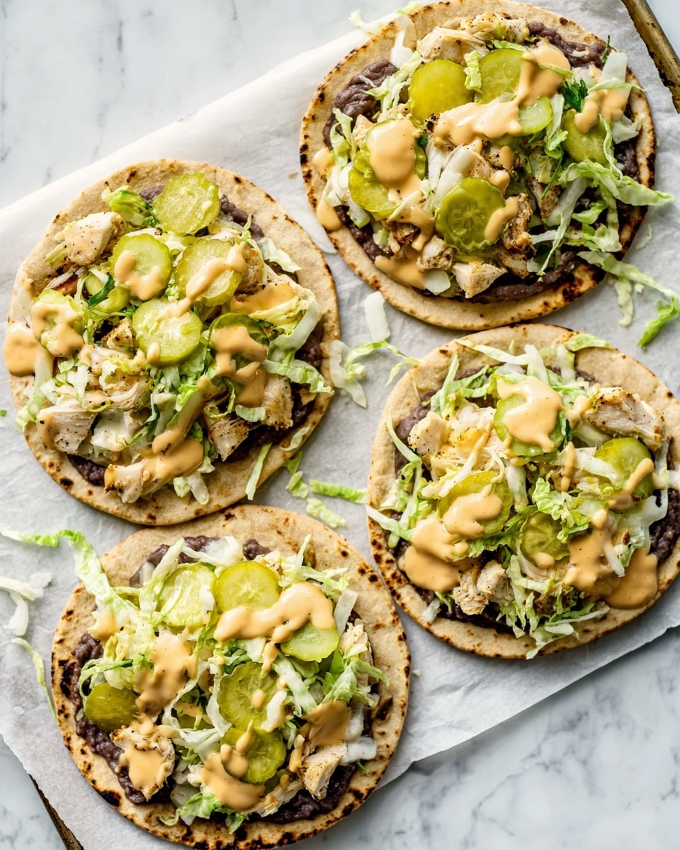 The image shows four open-faced mini flatbreads on a white marbled surface, each topped with layers. The bottom layer is a thick dark bean spread, followed by a layer of sliced light green pickles scattered unevenly. On top of the pickles are chunks of light beige grilled chicken, slightly browned. The chicken is covered with shredded pale green lettuce, and a drizzle of creamy pale orange sauce is spread over everything. The flatbreads have a lightly toasted brown color, and the setup looks fresh and inviting. Photo taken with an iphone --ar 4:5 --v 7