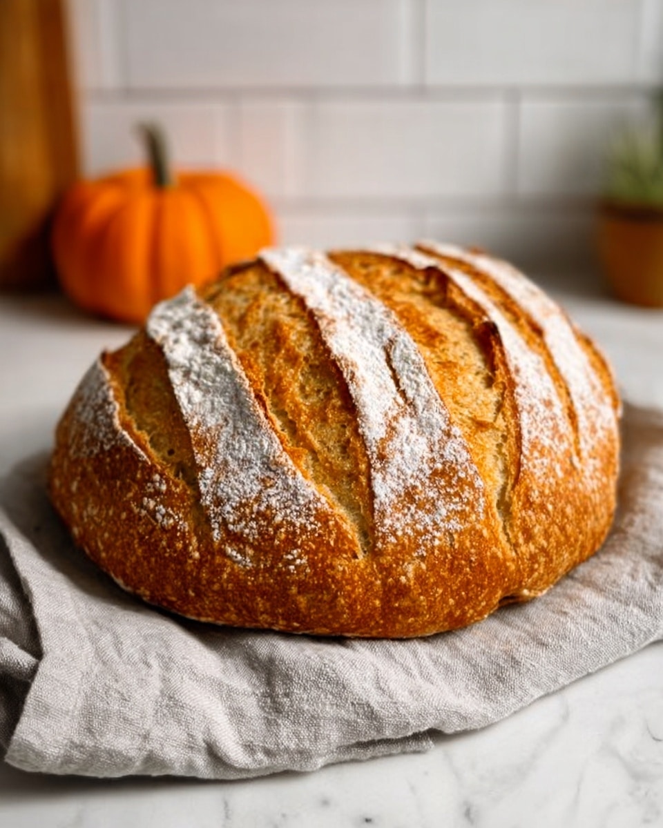 A round loaf of bread with a golden brown crust sits on a soft light gray cloth over a white marbled surface. The bread has deep, curved slashes on top, forming a pattern that reveals a slightly lighter, textured inner crust. A dusting of white flour covers the top, highlighting the slashes and giving a rustic look. The background includes white subway tiles and a small orange pumpkin, adding a cozy feel. Photo taken with an iphone --ar 4:5 --v 7