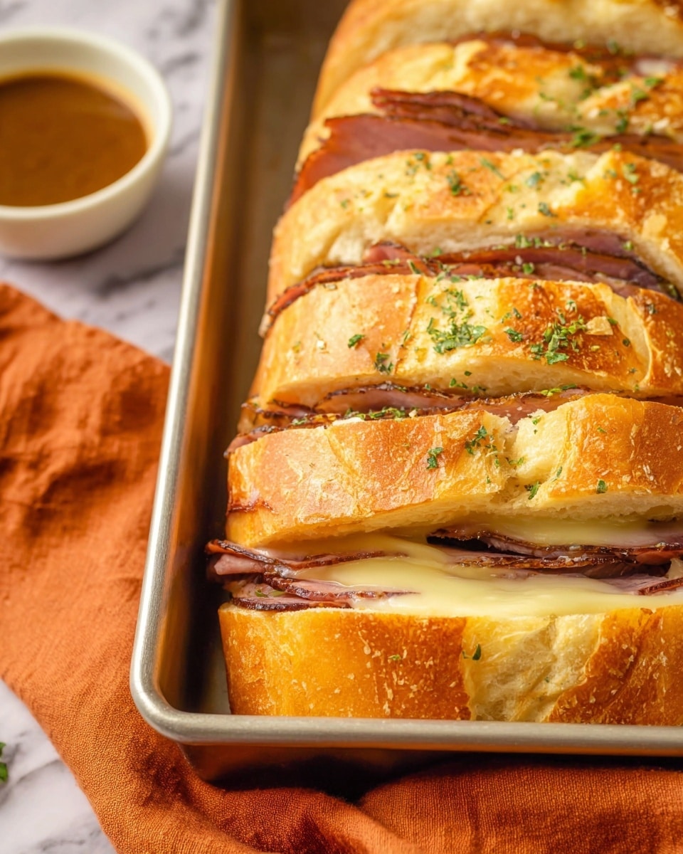 The image shows a loaf of bread sliced into thick pieces with three visible layers, each filled with thin slices of cooked meat that have a dark brown color and slightly crisp edges, and melted pale yellow cheese. The bread is golden brown with a soft, slightly shiny crust sprinkled with small green herb flakes. The loaf is placed inside a metal baking tray against a white marbled surface, with a bowl of brown sauce in the background and an orange cloth underneath the tray. photo taken with an iphone --ar 4:5 --v 7
