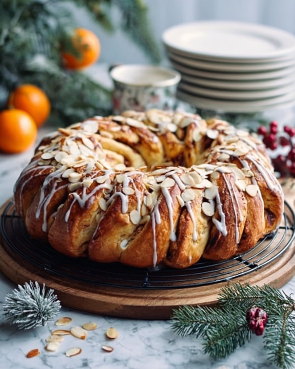 A round braided bread wreath is placed on a black wire rack over a wooden board. The bread is golden brown with swirls of cinnamon and is topped with sliced almonds and white icing drizzle. Around the bread, there are small decorative pine branches and a couple of oranges in the background on a white marbled surface. In the background, there are white plates stacked on the white marbled surface. The scene looks cozy and festive. photo taken with an iphone --ar 4:5 --v 7