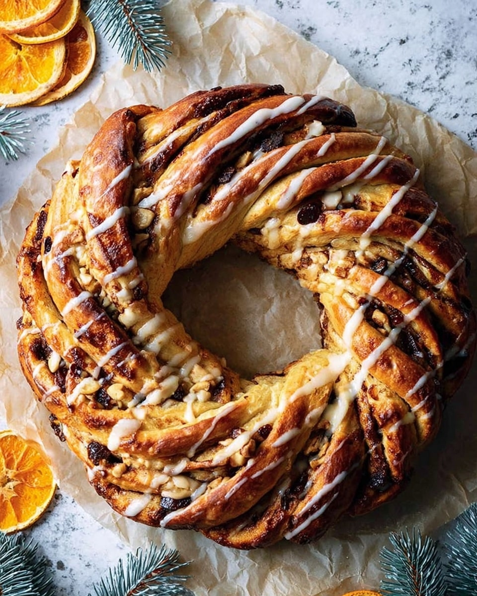 A round braided wreath-shaped bread with several layers of twisted dough forming a thick ring. The outer layers are golden brown with darker brown spots where the dough is twisted tightly. The bread is studded with dark raisins and lighter nuts, and drizzled with white icing in thin uneven lines across the top. It sits on a piece of crinkled parchment paper on a surface with a white marbled texture, with a few dried orange slices and some pine tree branches nearby. photo taken with an iphone --ar 4:5 --v 7