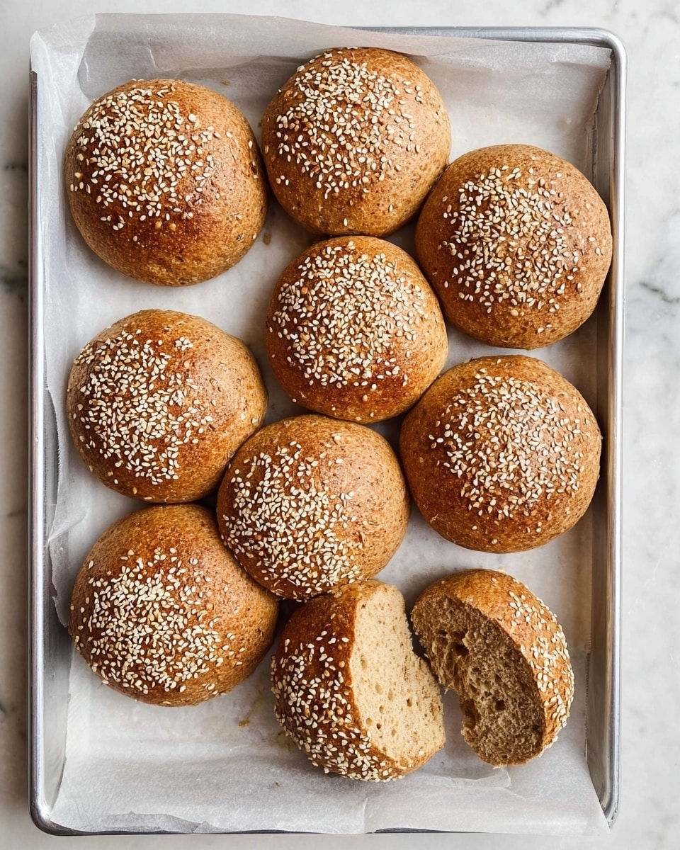 A tray filled with eleven round whole grain buns topped with white sesame seeds. The buns are golden brown with a rough texture. Three buns are opened showing a light brown, soft inside with visible small holes. The buns are placed on white parchment paper on a silver tray. The tray is set on a white marbled surface. photo taken with an iphone --ar 4:5 --v 7