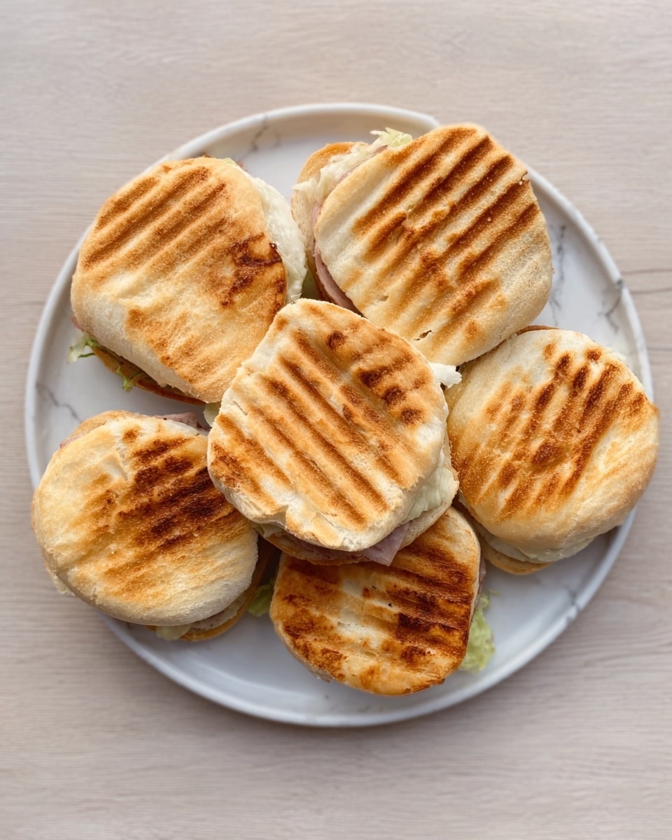 The image shows six grilled sandwiches placed on a white plate set on a white marbled surface. Each sandwich has a golden-brown toasted top with visible grill marks. The sandwiches are round with slightly uneven edges, and they appear to be filled but the filling is not visible from the outside. The sandwiches are arranged in a loose cluster, some overlapping each other. Photo taken with an iphone --ar 4:5 --v 7