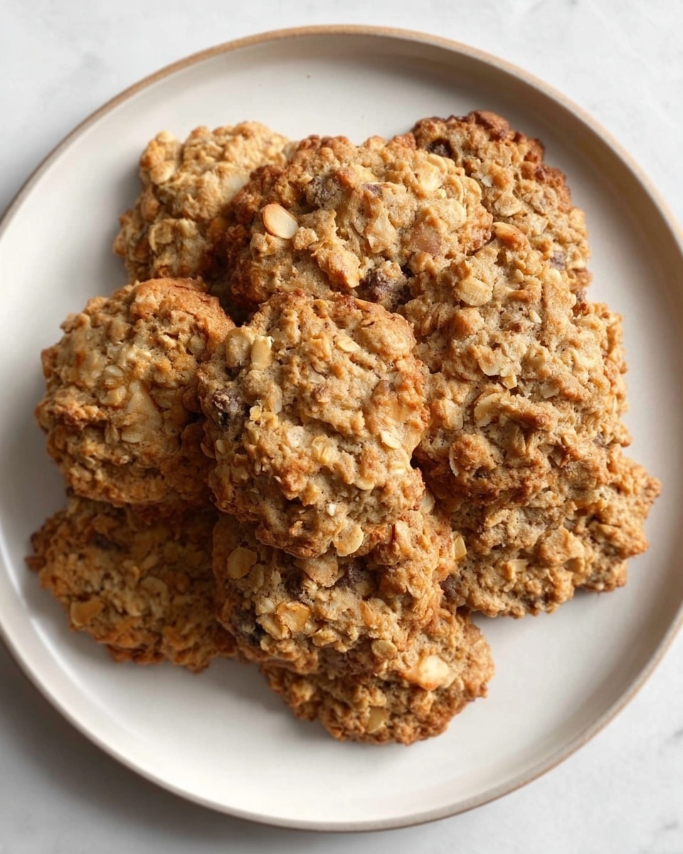 A white plate holds a pile of chunky oat cookies with a rough texture. The cookies are golden brown with visible bits of oats and small almond slices scattered on top. The edges of the cookies are slightly darker, showing a crisp finish, while the centers appear soft and thick. The plate is set on a white marbled surface. photo taken with an iphone --ar 4:5 --v 7