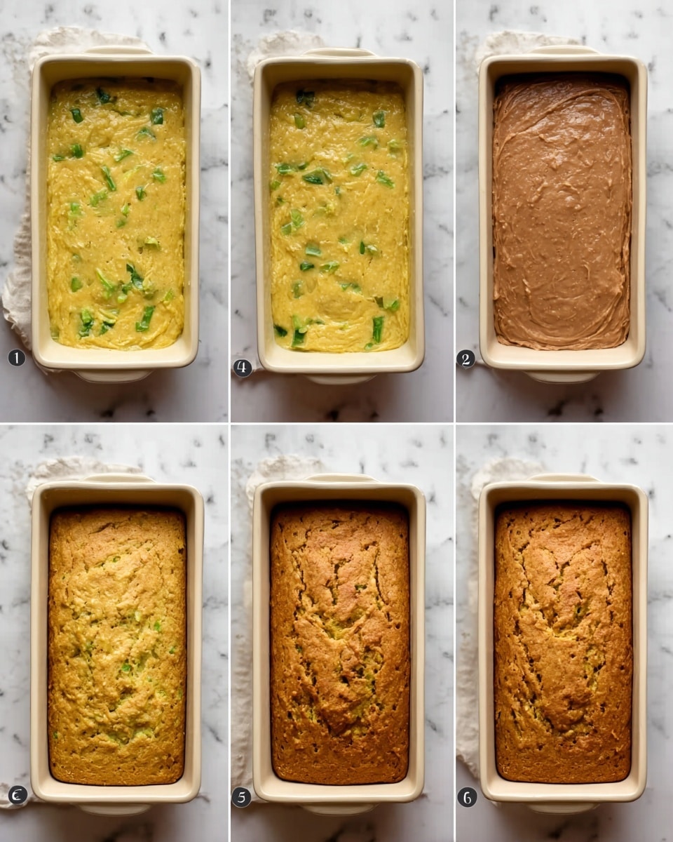 The image shows a sequence of six photos in two rows, each photo displaying a rectangular white baking pan placed on a white marbled surface. In photo 7, the pan is filled with yellowish batter with visible green pieces spread unevenly on top. In photo 8, the pan is filled with brown batter, smooth on top. Photo 9 again shows the yellowish batter with green pieces, similar to photo 7. Photo 10 contains the brown batter, smooth and spread evenly like photo 8. Photo 11 shows the yellow batter, now slightly risen and textured on top, with the green pieces still visible. Photo 12 displays the completed baked bread, golden brown with a rough, cracked texture on top inside the pan. Photo taken with an iphone --ar 4:5 --v 7