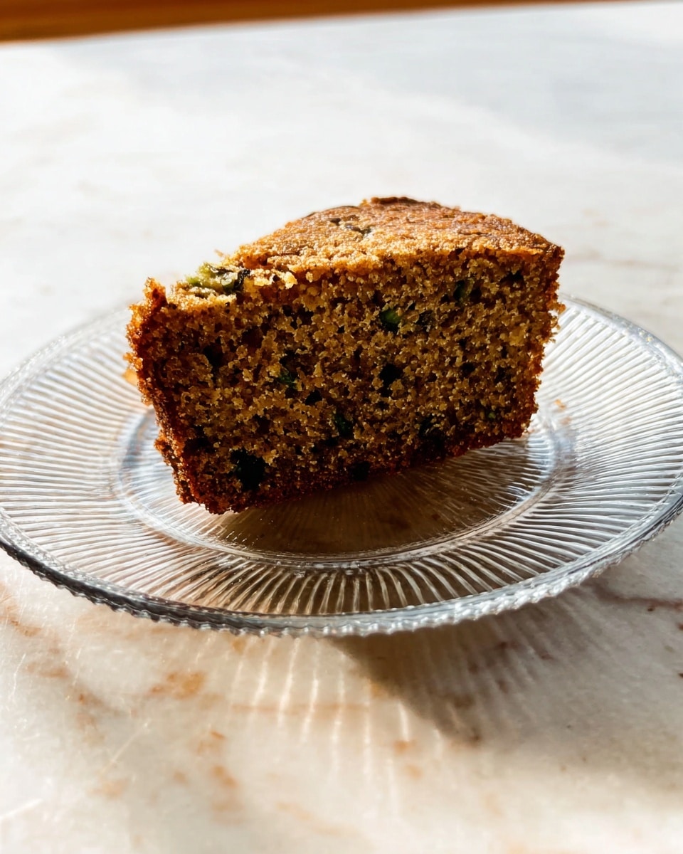 A single slice of brown cake with a rough, slightly crumbly texture sits in the center of a clear glass plate. The cake has small dark specks and bits of greenish pieces inside, indicating mix-ins like nuts or herbs. The plate is placed on a white marbled surface, and soft natural light creates gentle shadows around the slice, highlighting its dense and moist interior. photo taken with an iphone --ar 4:5 --v 7