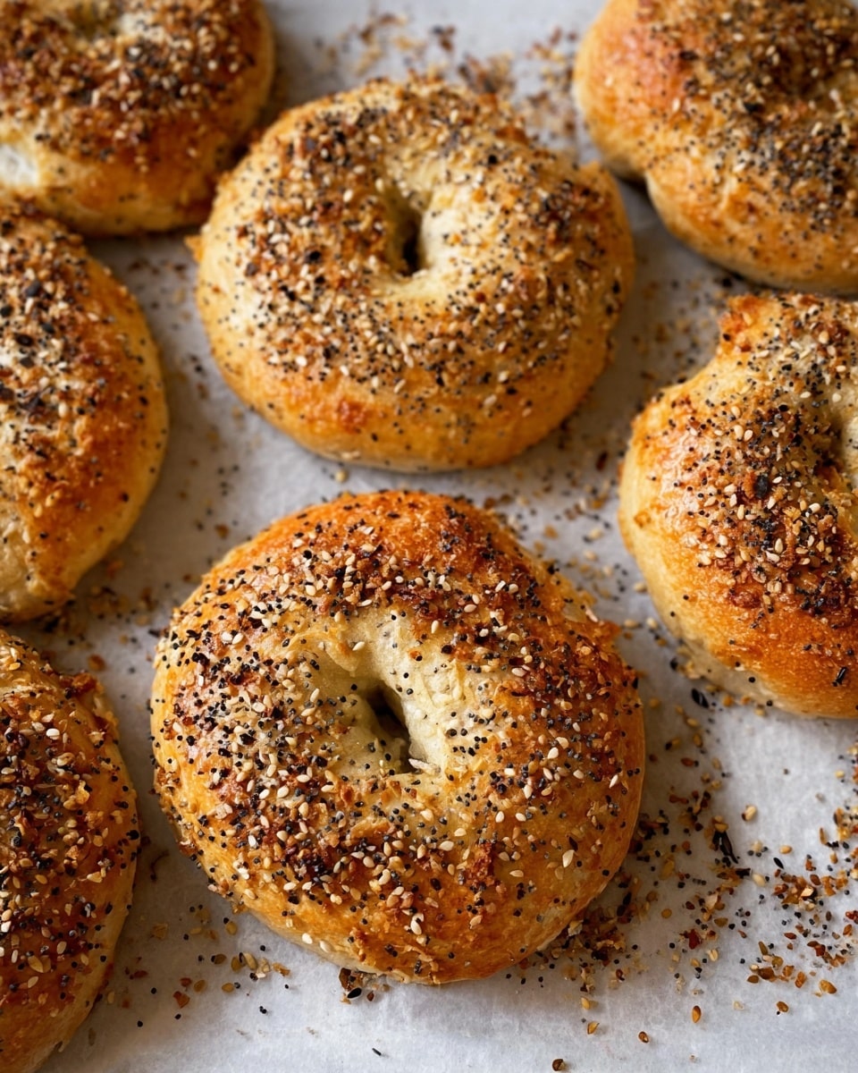 The image shows a close-up of several golden brown bagels with a crunchy crust, sprinkled with a mix of sesame seeds, black seeds, and salt. The bagels are placed on a white marbled surface lined with white parchment paper, with some seeds scattered around. The bagels have a slightly uneven texture with small cracks on the surface, giving them a fresh baked look. Each bagel has a clear circular hole in the center, and the colors range from light beige to darker toasted brown spots. photo taken with an iphone --ar 4:5 --v 7