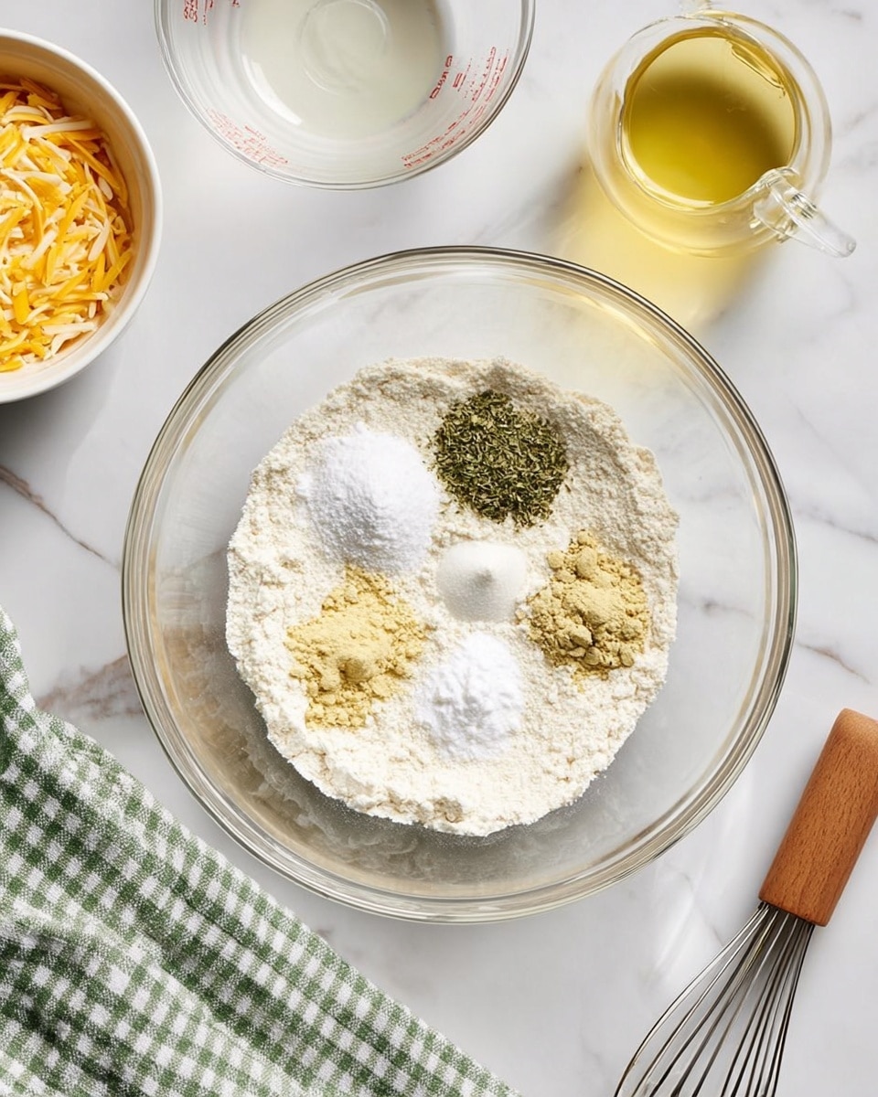 The image shows a large clear glass bowl filled with a white flour base mixed with five neatly placed spices and powders on top, forming small mounds: white salt, green dried herbs, pale yellow powder, and two other white powders. Around the bowl are a white marbled surface with a clear glass mixing bowl in the top left, a white ceramic bowl with shredded yellow and orange cheese in the bottom left, a glass measuring cup with white liquid and a small glass jar of yellow liquid in the upper center, and a metal whisk with a wooden handle near the bottom right. A green and white checkered cloth is placed on the surface’s bottom left corner. photo taken with an iphone --ar 4:5 --v 7