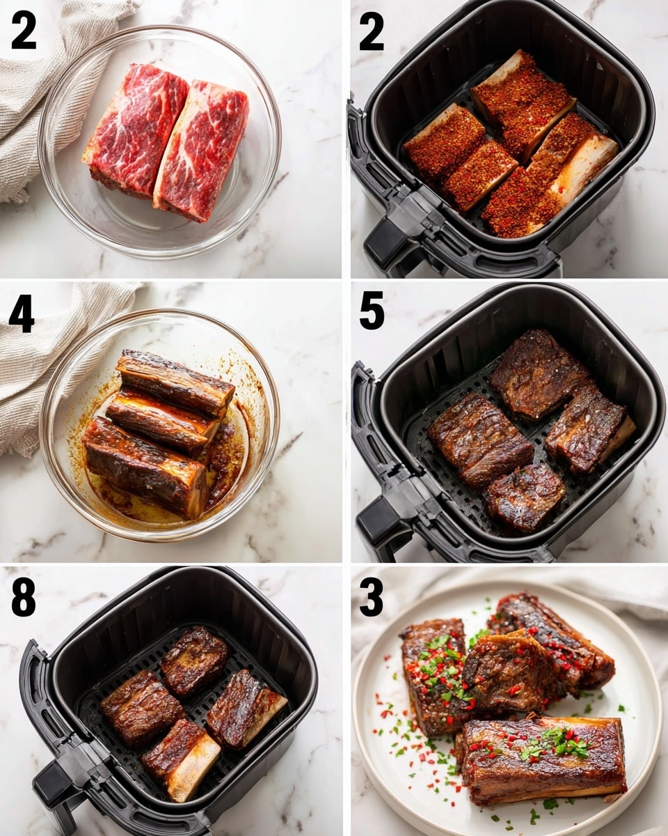 The images show a sequence of beef short ribs preparation: in the first image, thick raw beef short ribs with visible marbling are placed in a clear glass bowl on a white marbled surface with a towel beside it; the second image shows the same ribs coated with a reddish-brown seasoning mix inside the bowl; the third image displays six ribs laid in a single layer inside a black air fryer basket; the fourth image shows the ribs after partial cooking with a brown, slightly charred surface on the air fryer basket; the fifth image reveals the ribs fully cooked with a dark, crisp crust and caramelized edges, still in the basket; the sixth image shows close-up cooked ribs on a white plate on the white marbled surface, garnished with green herbs and red chili flakes, highlighting the textured, shiny, and seasoned exterior of the ribs, photo taken with an iphone --ar 4:5 --v 7