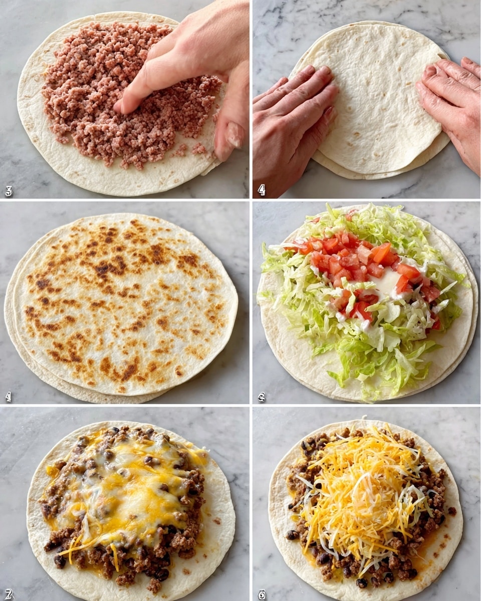 The image shows six steps of making a small wrap on a white plate placed on a white marbled surface. First, there is a flat round tortilla with pinkish ground meat being spread by a woman's hand. Next, the meat is pressed flat and shaped evenly on the tortilla by the woman's hand. Then, a white soft tortilla is placed on top of the meat layer, with the woman's hand pressing it down. The fourth step shows the top tortilla cooked to a light golden brown. In the fifth step, the cooked tortilla is topped with melted yellow and white cheese, with some dark melted spots. The final step shows the wrap loaded with fresh green lettuce, red tomato pieces, white sauce, and shredded cheese on top. The scene is well lit and clear. photo taken with an iphone --ar 4:5 --v 7