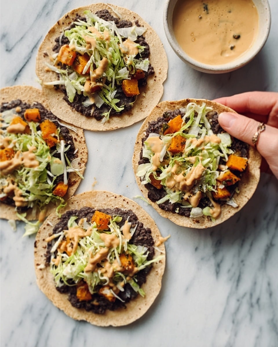 Three soft tortillas lay on a white marbled surface, each topped with several layers. The bottom layer is a smooth, dark black bean spread, evenly covering the tortillas. On top, there are small orange chunks of what looks like cooked squash, scattered across. The next layer is finely shredded green and white cabbage, adding texture and a fresh look. A sauce with a creamy light brown color is drizzled on top of the cabbage on some tortillas. An off-white bowl with more of this sauce sits nearby, partially visible. A woman's hand holds one of the tortillas from the upper right, with the fingers gently gripping its edge. photo taken with an iphone --ar 4:5 --v 7