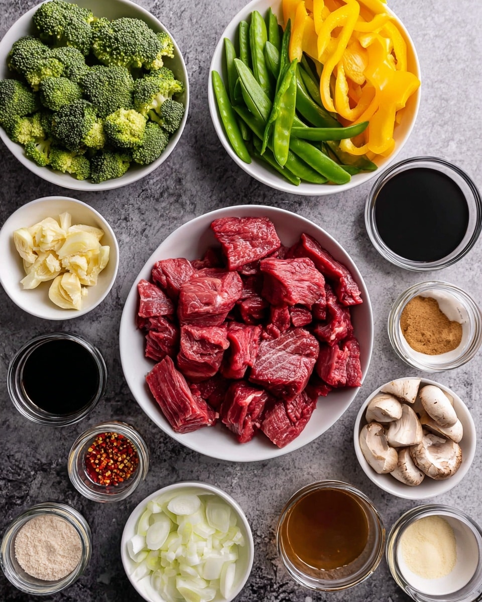 The image shows many fresh ingredients arranged on a white marbled surface. In the center, there is a white bowl full of bright red sliced beef pieces with fat streaks. Around it, there are smaller white bowls and containers holding green broccoli florets, dark green snap peas, yellow sliced bell peppers, white onion rings, and light brown mushrooms. There are also small white bowls with minced garlic, chopped ginger, crushed red pepper flakes, and light brown sugar. Some jars and measuring cups hold dark soy sauce, a thick black sauce, and light brown liquid. All the items are organized neatly and clearly show fresh, raw ingredients for cooking. Photo taken with an iphone --ar 4:5 --v 7