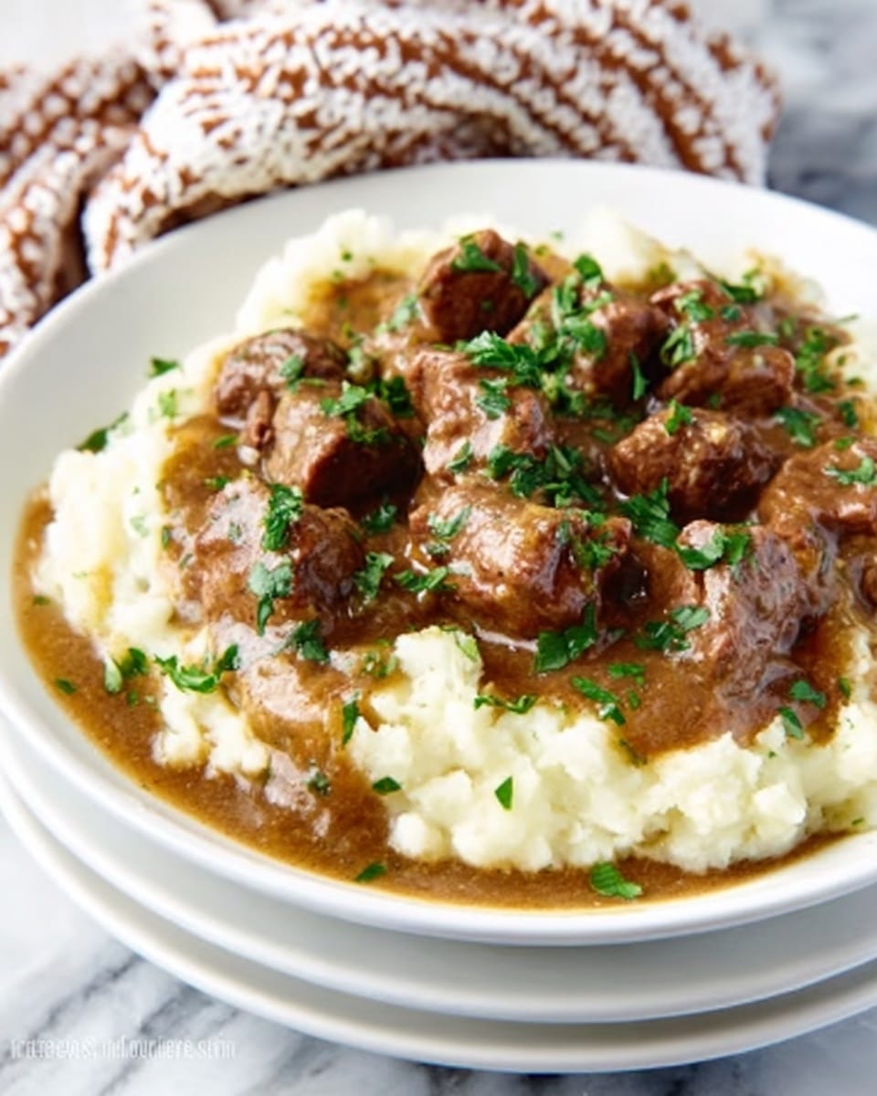 The image shows a white plate filled with creamy mashed potatoes topped with small chunks of brown meat in thick brown gravy. The meat pieces are well coated in sauce and sprinkled with finely chopped green herbs. The plate sits on a white marbled surface and is slightly stacked on a white saucer beneath. A patterned cloth with white and brown colors is visible to the side. Photo taken with an iphone --ar 4:5 --v 7