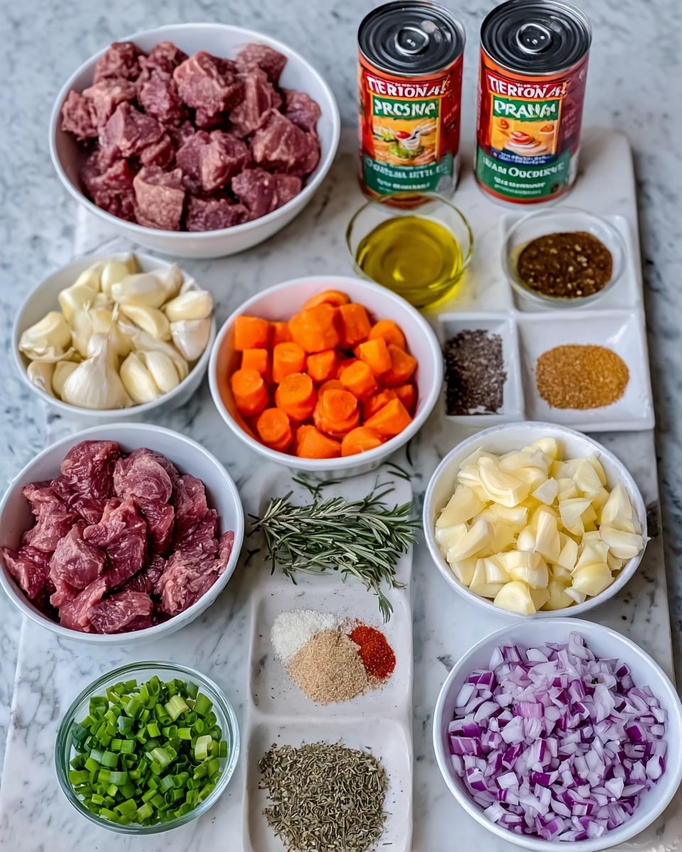 The image shows several small white bowls arranged neatly on a white marbled surface. There are layers of different ingredients including chunks of raw red meat in one bowl, whole peeled garlic cloves and sliced orange carrots in another bowl side by side, finely chopped purple onions in the next, and minced garlic in a separate smaller bowl. Two cans of tomato products with labels showing red and green colors are placed above the bowls. A bunch of chopped green onions sits in another bowl, along with small bowls containing different oils, spices, and dried herbs including thyme and rosemary. All items are arranged clearly and evenly spaced. Photo taken with an iphone --ar 4:5 --v 7