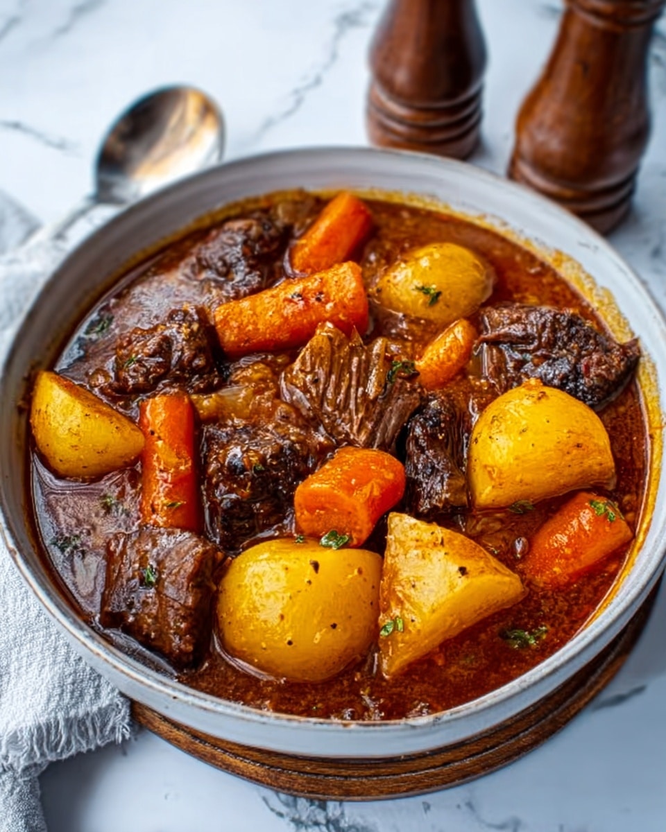 A round white bowl holds a rich stew with several layers visible: the bottom layer is a thick brown sauce with a glossy texture, filled with chunks of tender beef that are dark brown with a slightly crispy surface. On top, there are large pieces of soft, golden yellow potatoes mixed with bright orange carrot cubes, all coated in the sauce. The bowl rests on a white marbled surface, and beside it, a pepper grinder is partially visible. photo taken with an iphone --ar 4:5 --v 7