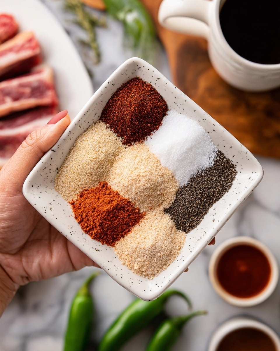 A woman's hand holds a small, square white plate with black specks, filled with six neat piles of spices arranged in two rows of three. The top row shows a dark rusty red spice on the left, coarse white salt on the right, and a light brown powder next to the salt. The bottom row has two piles of light beige granules on the left, a reddish-brown powder in the center, and black pepper granules on the right. In the blurred background, there are small white bowls with dark and red sauces, a white cup, green chili peppers, and a white plate with raw ribs on a white marbled surface. photo taken with an iphone --ar 4:5 --v 7