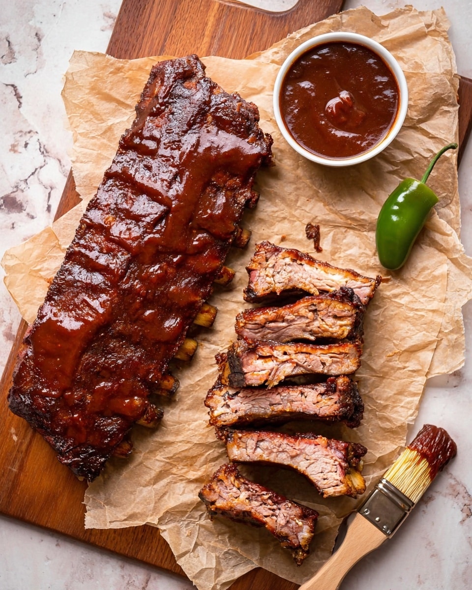 The image shows a wooden cutting board over a white marbled surface with a full rack of ribs on the left, covered in a thick, shiny, dark red barbecue sauce. To the right, several ribs are separated and stacked, showing the pinkish, juicy meat inside with a crispy, dark brown outer layer. Above the ribs is a small white bowl filled with the same barbecue sauce, next to a wooden brush used for applying the sauce and a single green jalapeño pepper. The whole setup rests on a piece of crinkled parchment paper. Photo taken with an iphone --ar 4:5 --v 7