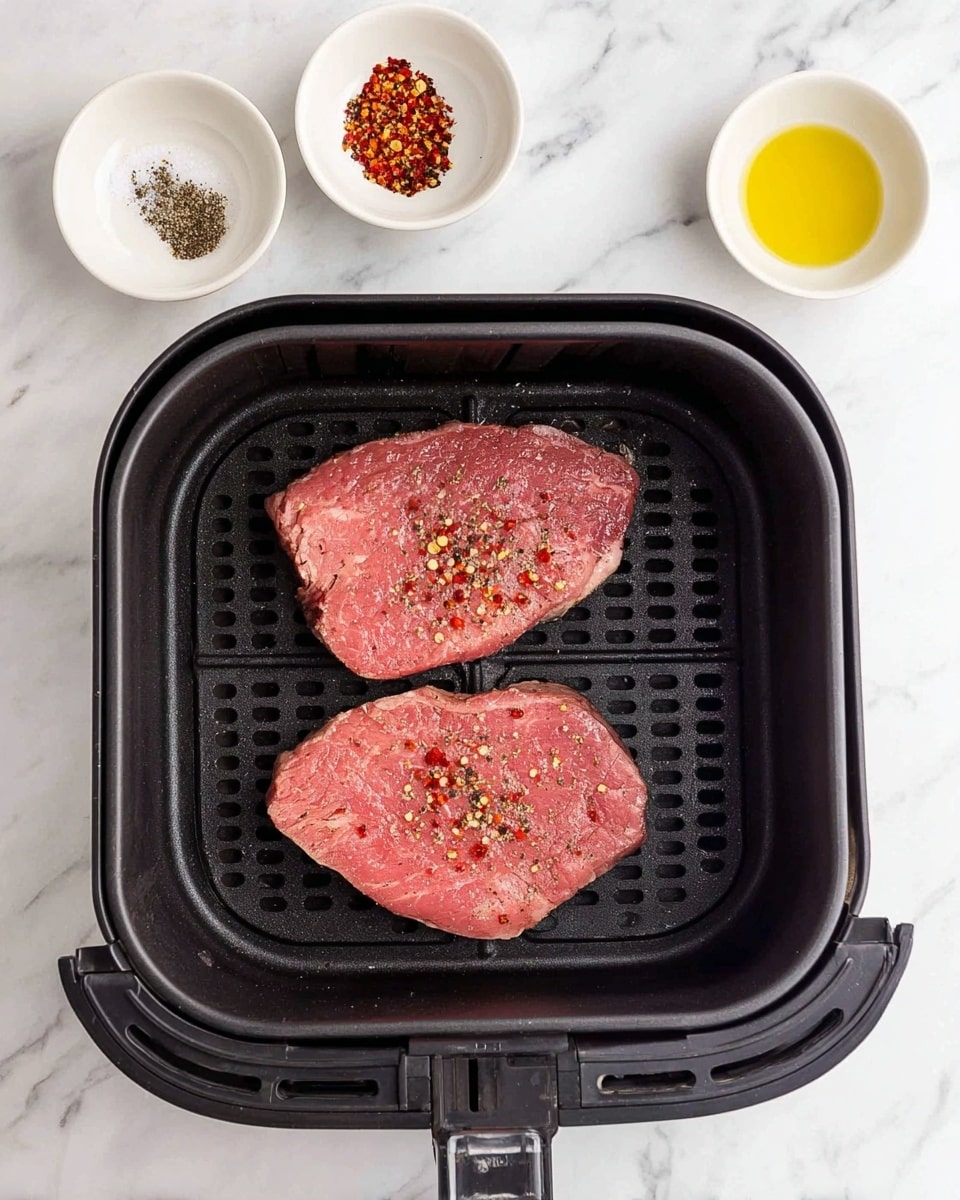 Two raw pink steak slices with small red pepper flakes and black pepper on top are placed side by side inside a black air fryer basket. Above the air fryer, on a white marbled surface, are three small white dishes: the left one holds coarse salt and black pepper, the middle one contains crushed red pepper flakes, and the right one has a small amount of yellow oil. The air fryer handle is visible at the bottom of the image. photo taken with an iphone --ar 4:5 --v 7